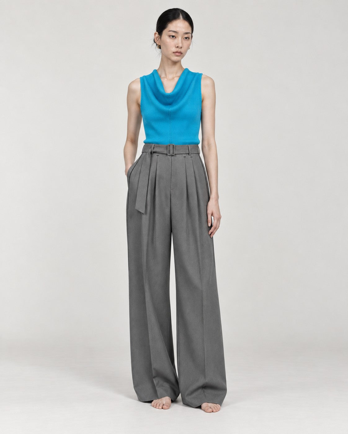Blue Knit, grey trousers
