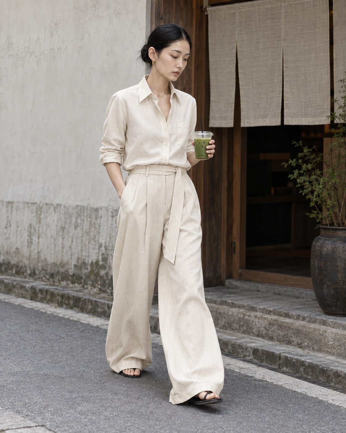 Cream Shirt, walking with iced matcha